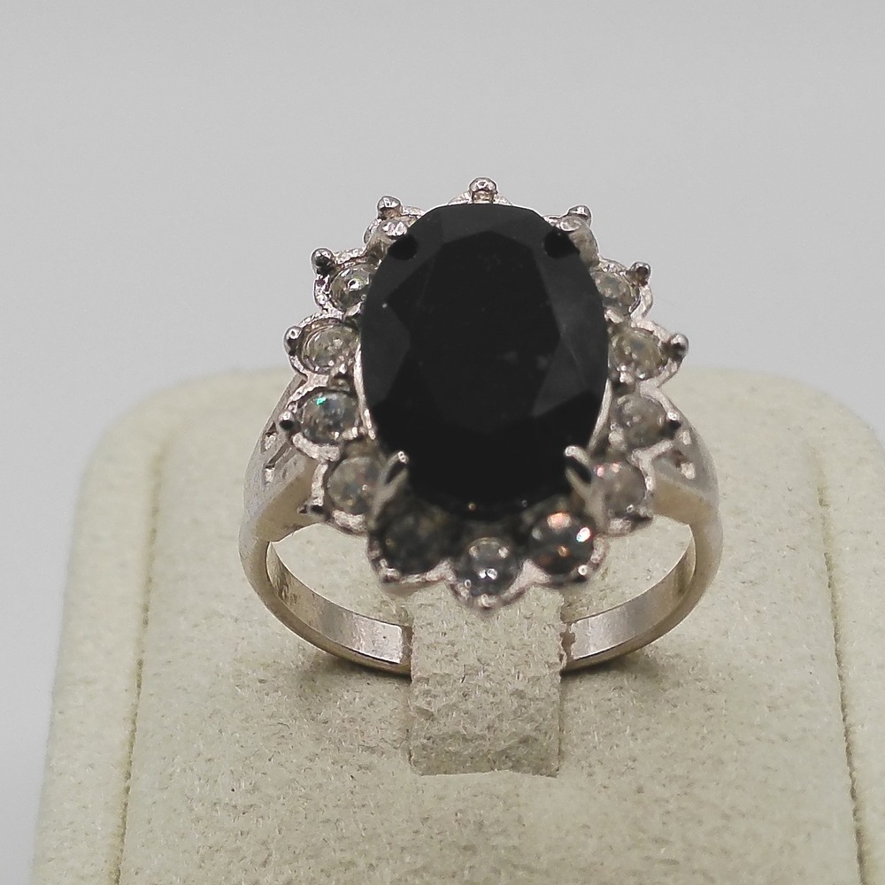 Vintage Silver Tone Black Onyx Style Halo Cocktail Ring Size 9 Clear Accents